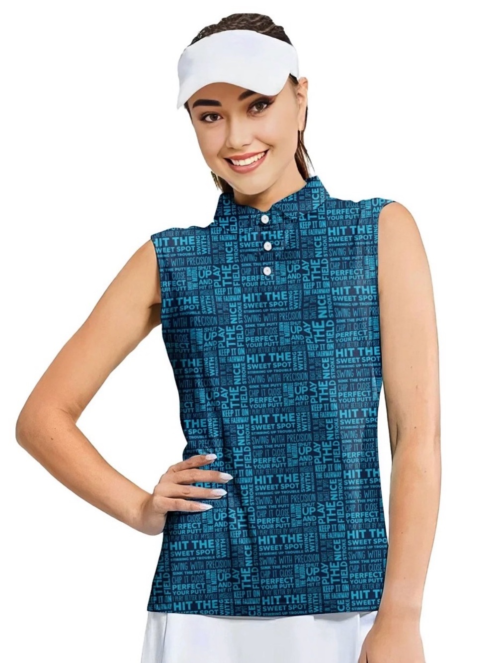 Text-Print Sleeveless Golf Polo Tank Top in Teal Blue